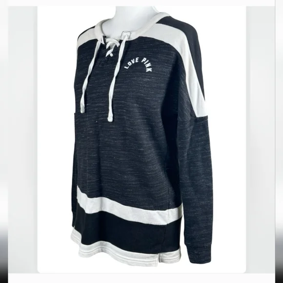 PINK Sweatshirt black and white with drawstring Size Medium - Picture 3 of 4